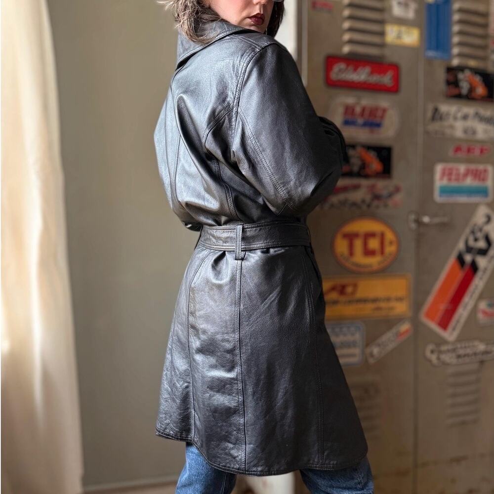 Vintage 90s Black Leather Trench Coat | Belted Mid-Length Jacket | L